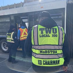 TWU Local 100 in the Bronx in May on a safety campaign urging riders to tell the mayor to deploy cops to buses