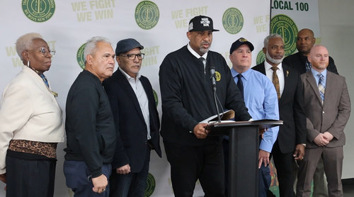 From left, Rec. Sec. Shirley Martin, Sec. Treas. Carlos Bernabel, TA Surface VP Gary Rosario, Admin. VP Alexander Kemp, Bus Operator Christopher Accettulli, NYCT Pres. Demetrius Crichlow,  Thomas Hopkins, 1st Vice Chair Surface Operators, NYCT EVP Dept. of Buses Frank Farrell