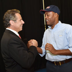 Local 100 Secretary-Treasurer is greeted by the Governor today in the Bronx