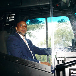 Pres. Davis in a prototype Bus Operator cockpit