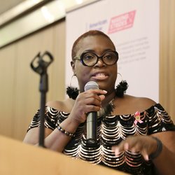 Recording Secretary Latonya Crisp speaking after being honored at the 2023 Breast Cancer Walk Kickoff in the Bronx