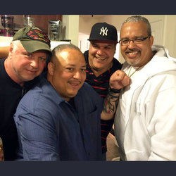 Brother Ferran (seated) with neighborhood buddies, including, MTA Bus Operator and shop steward William Coludro (right), Lou Salas, a NYCT Revenue Superintendent (with Yankee cap), and friend, Bruce Sandy (left).