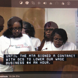 GCS workers on the MTA's in-house live camera feed at the Board Meeting.