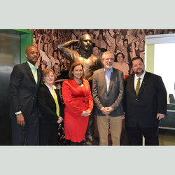 Standing by our statue of Mike Quill are (l-r) TWU Local 100 Sec-Treasurer Earl Phillips, Rita O'Hare, Sinn Fein's representative to the  United States, Dublin MP Mary Lou McDonald, Sinn Fein President Gerry Adams, and President Samuelsen