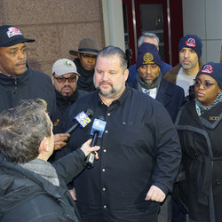 Outside the Andaz Hotel, where negotiations were underway with the MTA, Pres Samuelsen and top officers brief the news media on our tentative agreement.