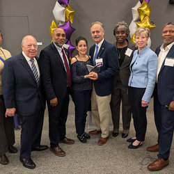 (l-r) MABSTOA Officer Monique Rondon, Labor Press CEO Neal Tepel, Pres. Richard Davis, Nancy Galvet, Mario Galvet, Harriette Goodridge-Seymour, Emblem Health CEO Karen Ignagni, and Local 100 Health Benefits Director Chris Lightbourne