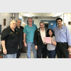 Celebrating the ratification win are, from the left: President Tony Utano, Danny D’Amato, Frank McCann, VP Peter Rosconi, First Mile Square Chair Evelyn Castillo, and Division Chair Gus Moghrabi.