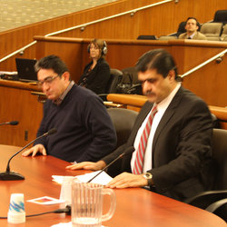 Union Reps Dylan Valle (left) and Gus Moghrabi tell the Transportation Committee that there is insufficient due process for school bus drivers