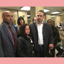 A devastated Nancy Rodriguez, William Pena's widow, stands with MaBSTOA VP Richard Davis and Pena's brother, Alex.