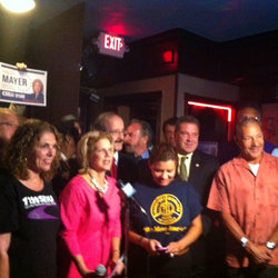 Assemblywoman Shelley Mayer (D-Yonkers) won by a 4-1 margin with the strong backing of TWU Local 100. At right at the 9/9 victory celebration is Admin VP Angel Giboyeaux.