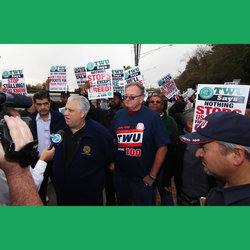 l-r Gus Moghrabi, Chair of TWU's School Bus Division, Pres. Utano, and Director of Organizing Frank McCann